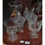 A pair of cut glass confitures and covers, three large glass rummers etc
