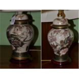 A pair of modern Satsuma style pottery table lamps with matching shades  Lamp base - 27cm high,