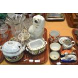 Staffordshire pottery dog, tobacco leaf pattern cups sugar bowl and saucers, blue and white tea