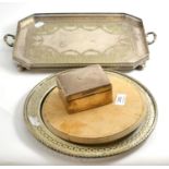 A silver cigarette box, a plated tray and a bread board on plated mount