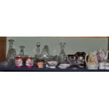 A shelf including decorative cut glassware, Wedgwood coffee service, coloured glassware, two vases