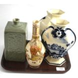 A pair of Dutch delft pottery vases, decorated for the American market, Celadon glazed vase and a