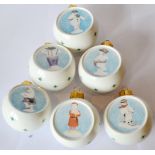 Royal Doulton Snowman Christmas tree baubles, rare set, with colour image on the front and green