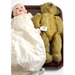 J D Kestner bisque head character doll with fixed brown eyes and a jointed plush teddy bear (2)