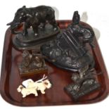 Spelter elephant, spelter dog group, a pair of bronze winged lions and Austrian cold painted dog