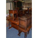 A nest of three glass top coffee tables, modern blanket chest, two drawer table, torchere,