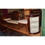 Panelled oak bureau, pair of inlaid salon chairs, duet stool with crewel work top, hanging corner