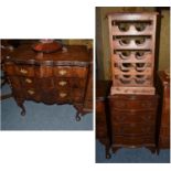 A modern wine rack, serpentine fronted dwarf chest and a Queen Anne style chest