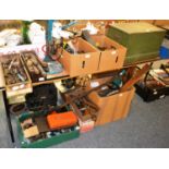 A collection of mixed tools, including drills, saws, tool boxes, squares etc