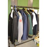 Assorted uniform jackets, gents nehru collar jackets, woven shawl, circa 1918 copies of Tatler,