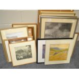 Assorted modern pictures and prints including watercolours, acrylics, pair of etchings of ducks