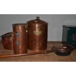 Copper saucepan and lid, copper jug, bed warming pan, copper coal bucket and cover