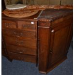 Georgian oak and mahogany inlaid corner cabinet, a five height chest of drawers, carved circular