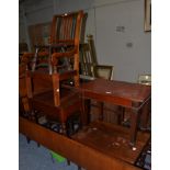 A 19th century country style chair with leather straps to the seat, three occasional tables, stool