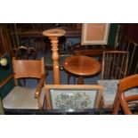 Victorian mahogany tripod occasional table, torchere, oak armchair with leather back, rocking chair,