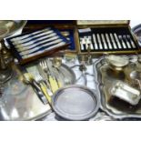 A Mixed Lot of Assorted Silver Plate, including a cased set of twelve fish knives, a cut glass