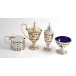 A Three Piece Cruet Set, Ellis Jacob Greenberg, London 1930, each with pierced sides, pedestal