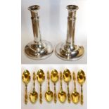 A Pair of George III Morton Patent Old Sheffield Plate Candlesticks, plain with reeded borders,