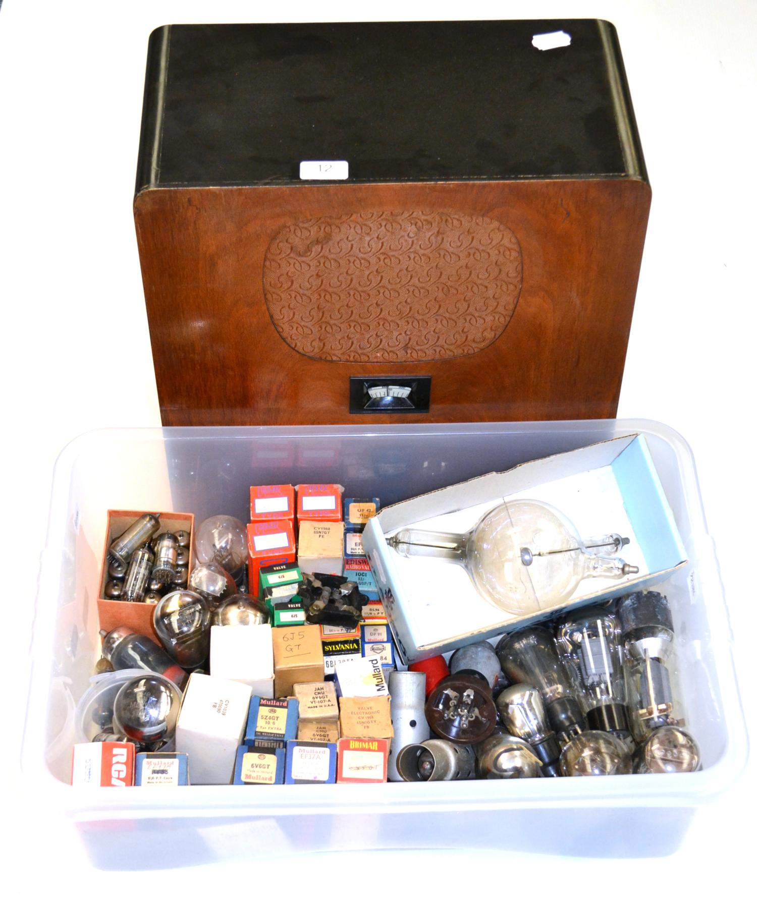 Crookes X-Ray Tube together with a box of assorted electronic valves and a Murphy A30 radion with