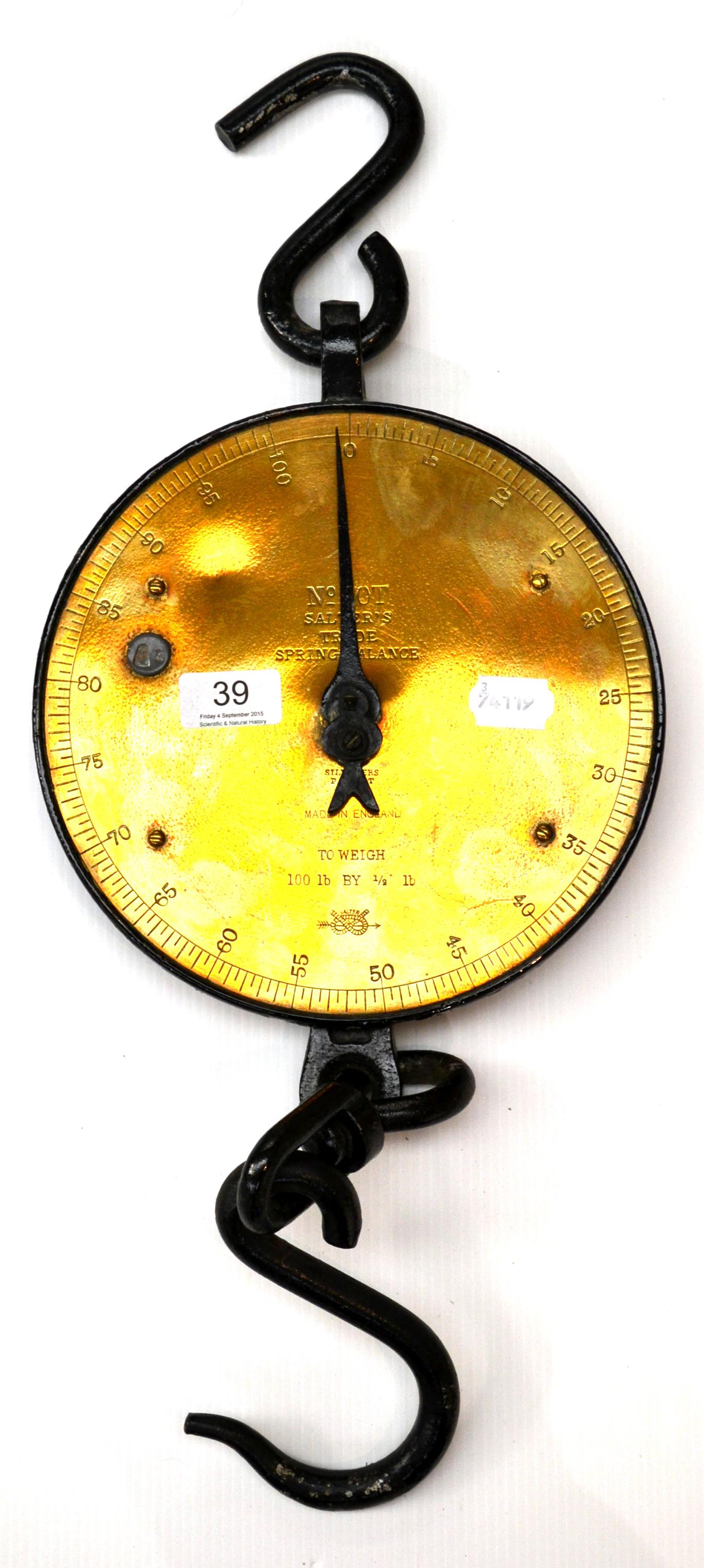 Salters No.20 Trade Spring Balance to weigh 100lb by 1/2 lbs, with 9'', 23cm diameter face