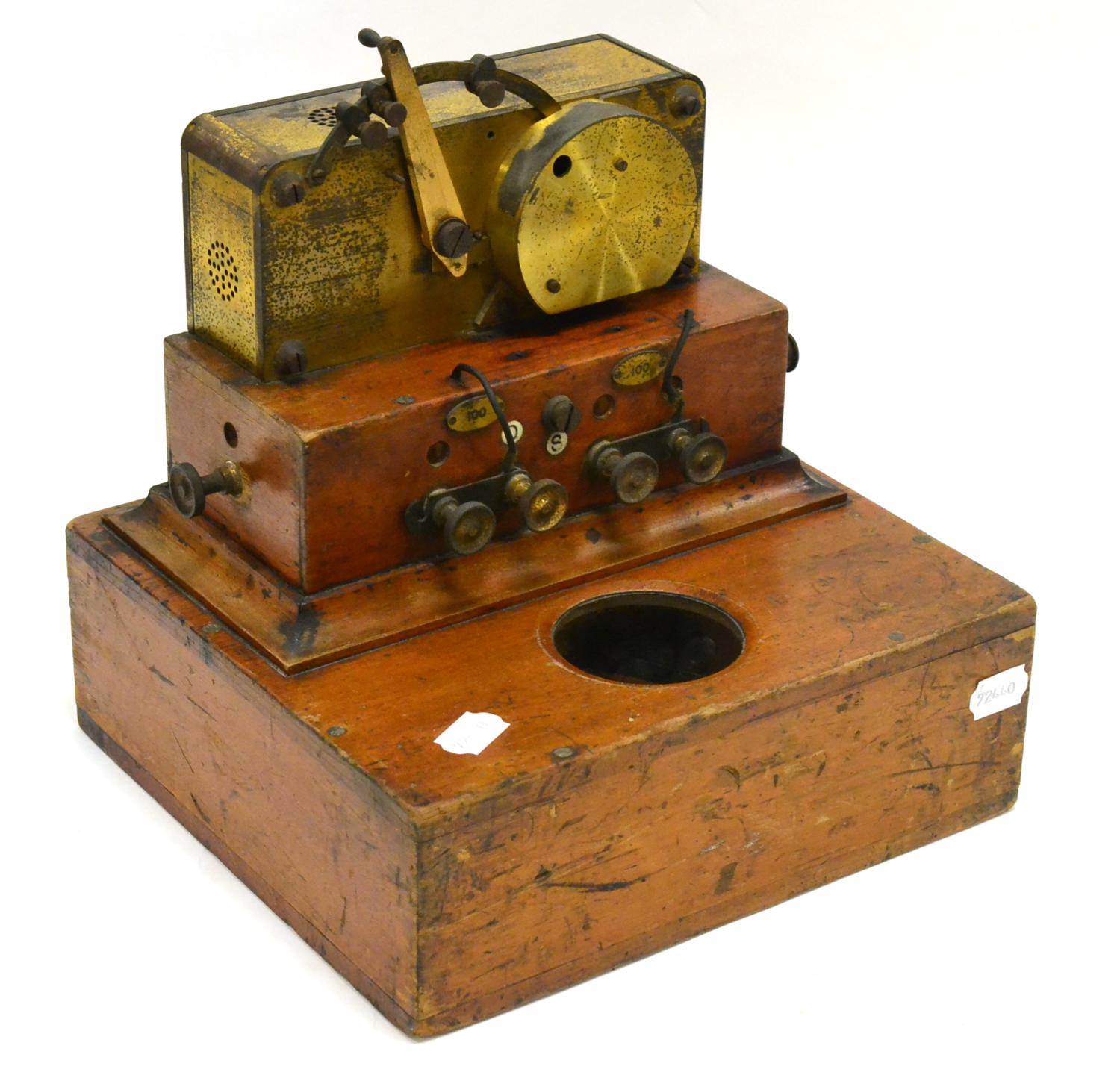 Wheatstone Receiver (Morse Inker) with brass main body stamped 'GPO' on mahogany base with two