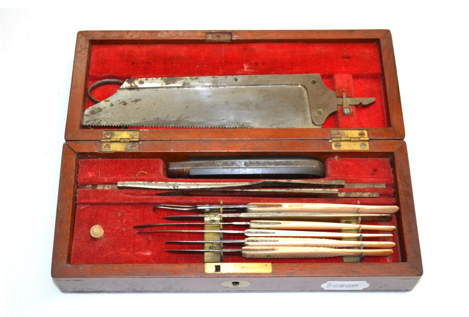 Amputation Set with ivory handled instruments and a saw with ebony handle in fitted case with