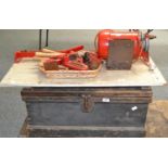 A Pine Tool Box, containing joiners tools, including planes, rules, drills etc, together with an