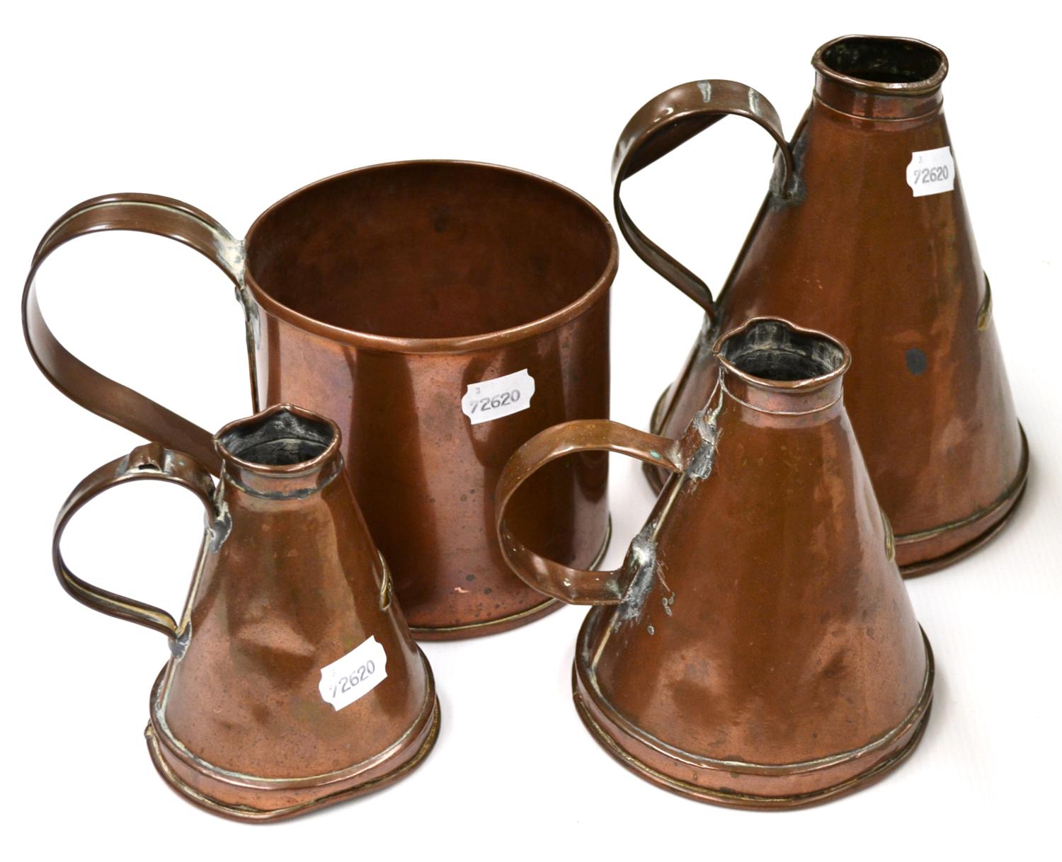 Copper Measures three conical examples: Half-gallon, Quart and Pint (each with brass plaque denoting