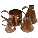 Copper Measures three conical examples: Half-gallon, Quart and Pint (each with brass plaque denoting