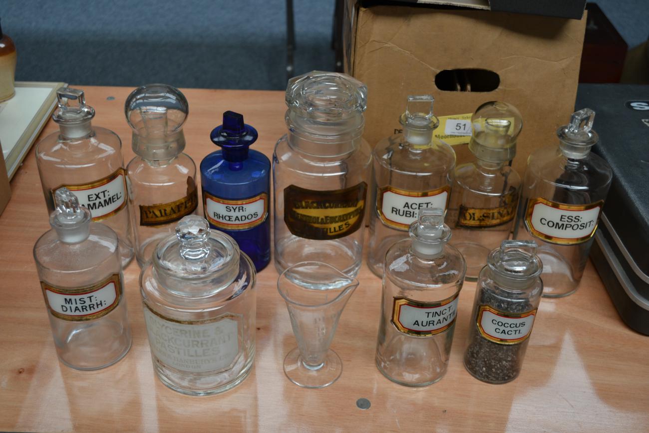 Pharmaceutical Jars a collection of assorted glass jars in cobalt blue, green and clear, most with - Image 2 of 4