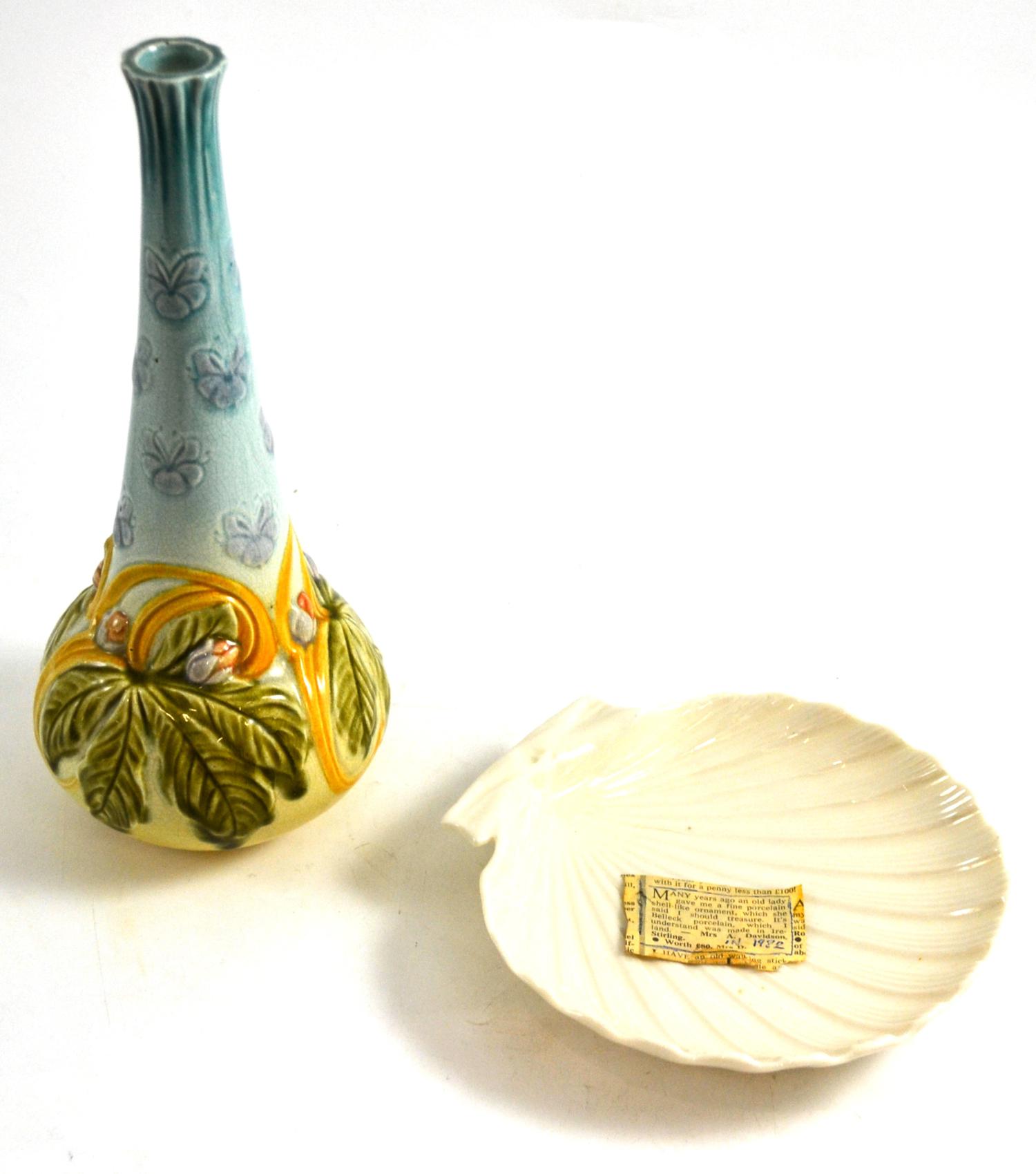Bretby vase and a Belleek dish Shell in good condition. Vase heavily crazed