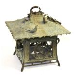 Japanese bronze lantern decorated with blossom and birds, 23cm wide Converted to electricity and