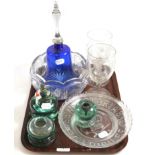 A tray of glass including three green glass inkwells, blue glass bell, Victorian pressed glass, etc