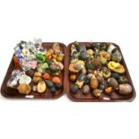 Two trays assorted ornamental pottery hedgehogs and a quantity of glass animal ornaments