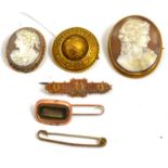 Two cameo brooches, three bar brooches and two others
