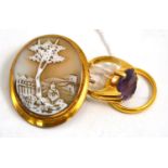 22ct gold wedding band, 18ct gold and amethyst ring and a 9ct gold framed shell cameo (3)