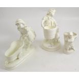 Brownfield figure of a girl with a pram, another of a boy carrying a bucket and a Continental figure