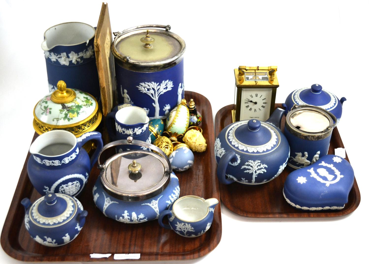 Group of Wedgwood Jasperware, collector's eggs, sketch book and a Mappin & Webb carriage clock
