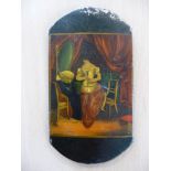 Erotica A Regency toleware cigar case, one side with a painting of a woman tying/untying her corset,