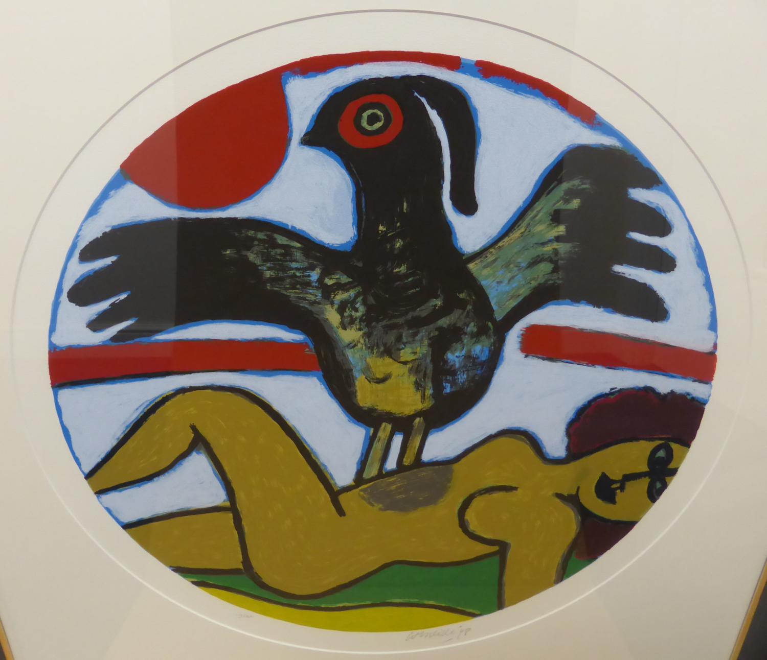 Guillaume Cornielle (1922-2010) Belgian  Roundel with figure and bird Signed in pencil and dated (