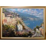 Mario Sanzone (b.1946) Italian ''Positano'' Signed and inscribed, bears artist's label and stamp