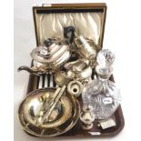 A quantity of silver and silver plate including a silver collared decanter, silver spoon, silver