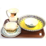 A Royal Worcester yellow ground bowl, a first period Worcester blue and white bowl, three pieces