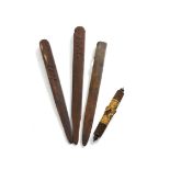Two similar late 19th century knitting sticks initialled 'JEH' 'MAH' and two other items