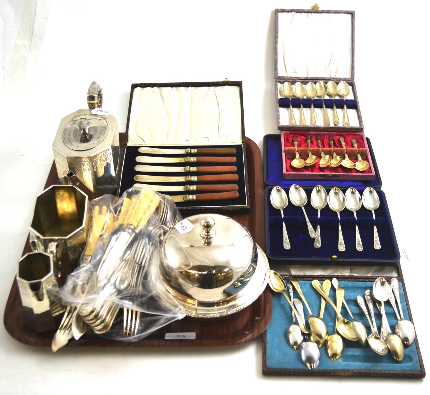 A silver three piece tea set and a quantity of plated wares
