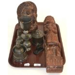 Two Indian carvings and a group of 18th/19th century pewter