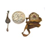 A Chinese white metal mirror box, a Japanese biwa shape lock and a Tibetan prayer box (3)