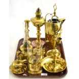 Tray of assorted brass candlesticks, oil lamps, chambersticks etc