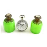 Pair of green opaline glass scent bottles and stoppers with hinged metal mounts, inset with views to