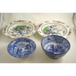 Pair of large famille rose style pottery deep dishes and two pieces of blue and white